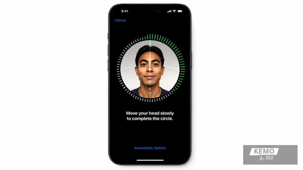 iPhone Face ID setup screen during iOS Setup Assistant showing face scanning with green progress circle