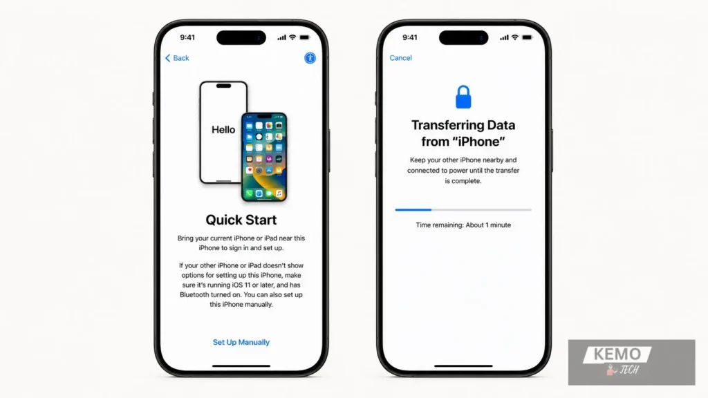 iPhone Quick Start screen and data transfer progress during iOS Setup Assistant on iPhone