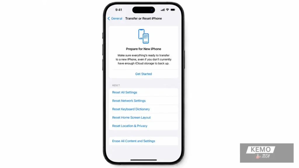 iPhone Settings showing Transfer or Reset iPhone screen with Erase All Content and Settings option to access iOS Setup Assistant