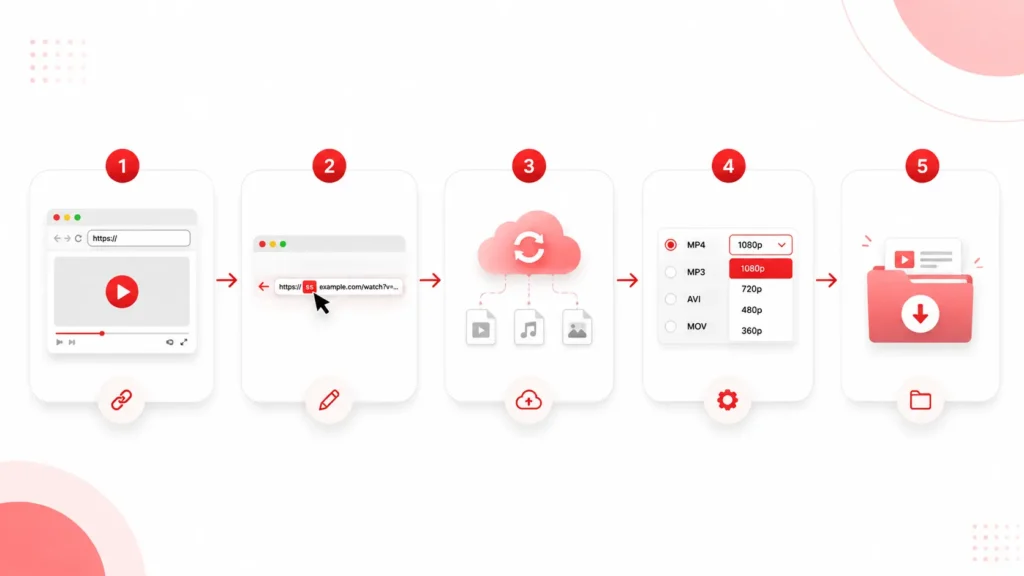 5-step diagram showing how to download YouTube videos with SSYouTube by adding ss to the URL