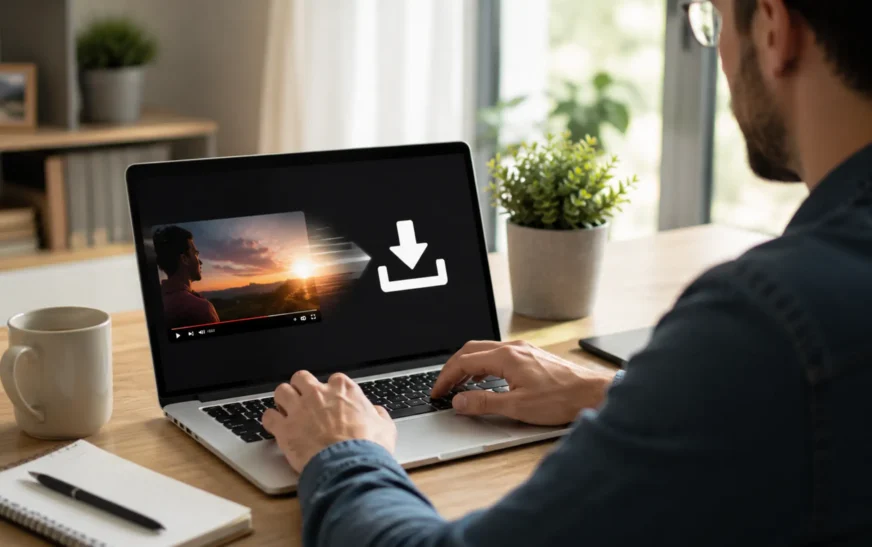 Person using a laptop to download a YouTube video for offline viewing