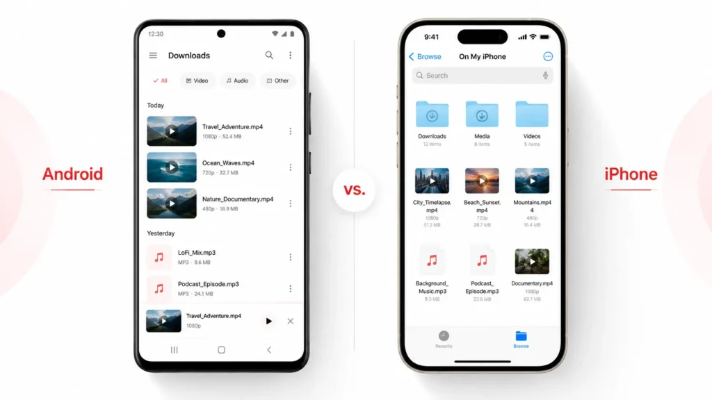 Comparison of downloaded YouTube videos on Android Downloads folder versus iPhone Files app