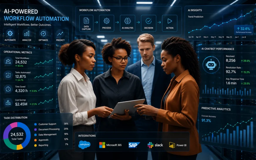 AI-powered workflow automation dashboard showing predictive analytics, chatbot performance, operational metrics, workflow management, and enterprise collaboration in a modern data center