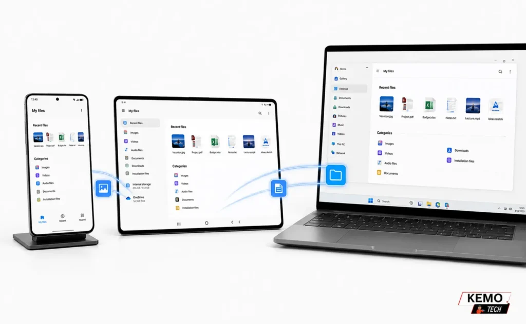 Modern smartphone, tablet, and laptop displaying a synchronized Android-style interface with seamless file sharing and cross-device connectivity on a clean off-white background. KemoTech watermark in the bottom-right corner.