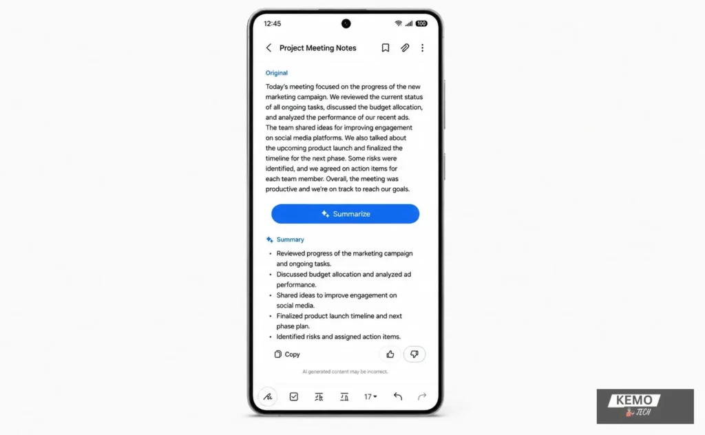 Samsung Notes AI summarize feature on One UI 8 showing original meeting notes and AI generated summary on Galaxy smartphone
