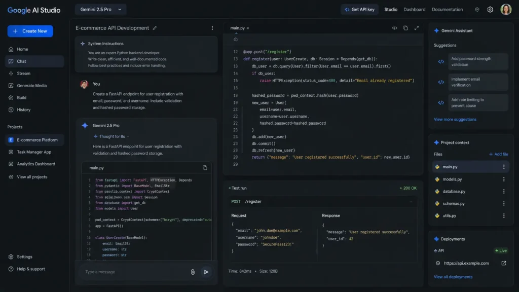AI-assisted software development dashboard showing code generation tools, natural language programming interface, developer workflow automation, and Google AI Studio-inspired coding environment