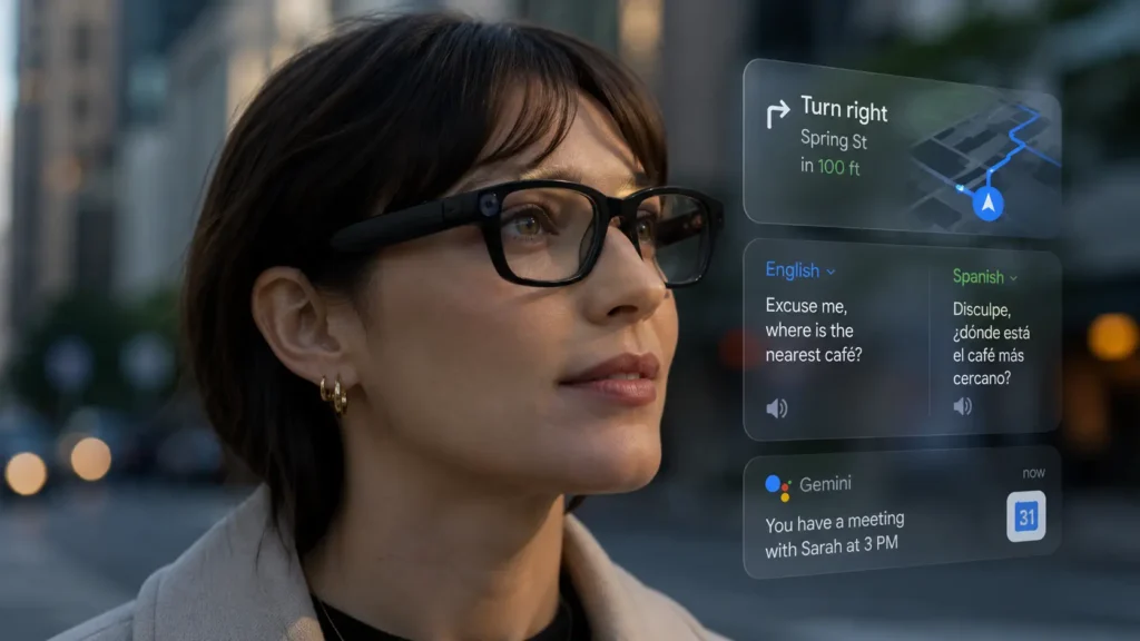 Android XR smart glasses with AI-powered augmented reality features, navigation overlays, and wearable Gemini assistant technology