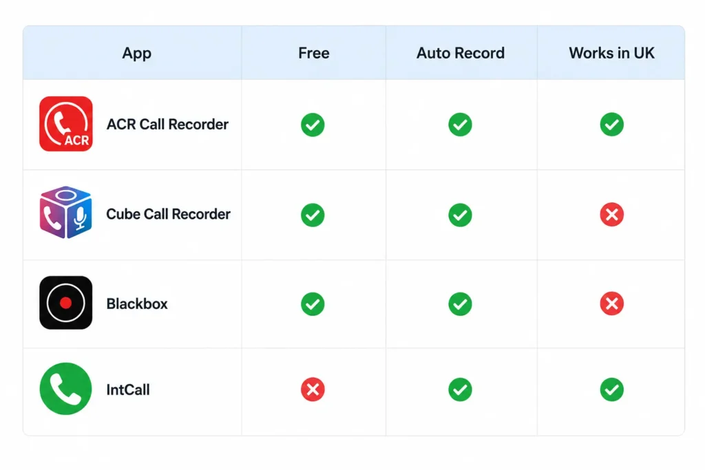 Comparison table of Android call recording apps showing ACR Call Recorder, Cube Call Recorder, Blackbox, and IntCall with free availability, auto recording support, and UK compatibility indicators.