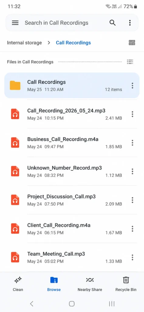 Android file manager screenshot showing the Call Recordings folder with saved phone call audio files in internal storage.
