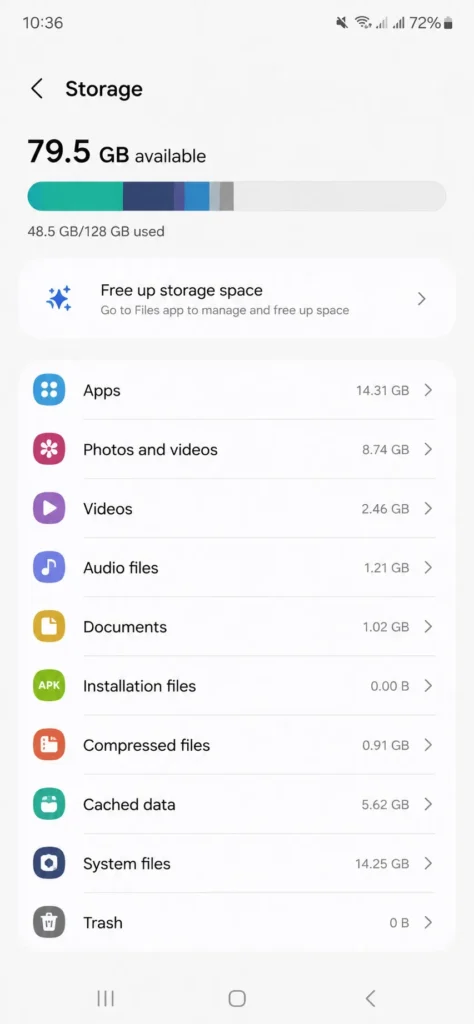 Android storage settings screen