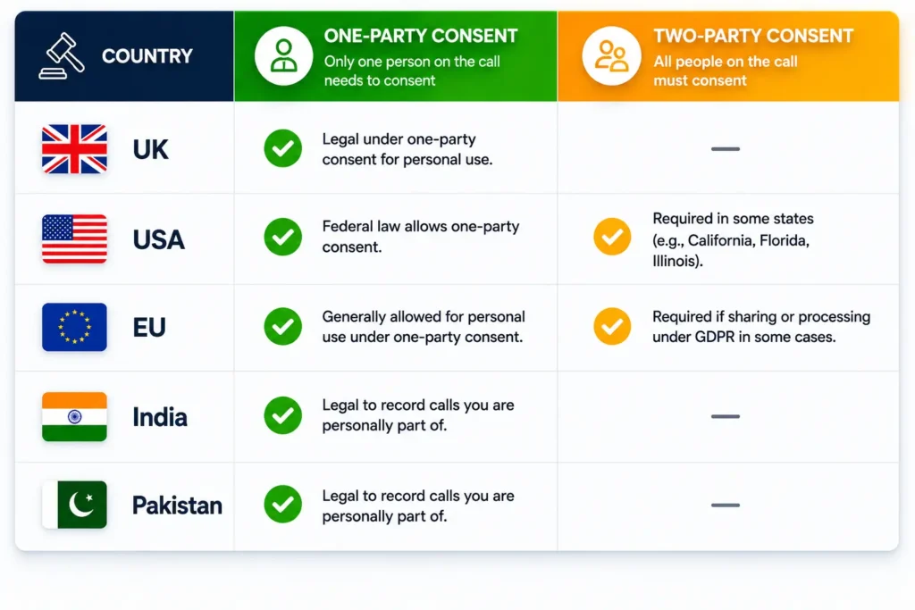 Infographic table comparing one-party and two-party call recording consent laws in the UK, USA, EU, India and Pakistan.