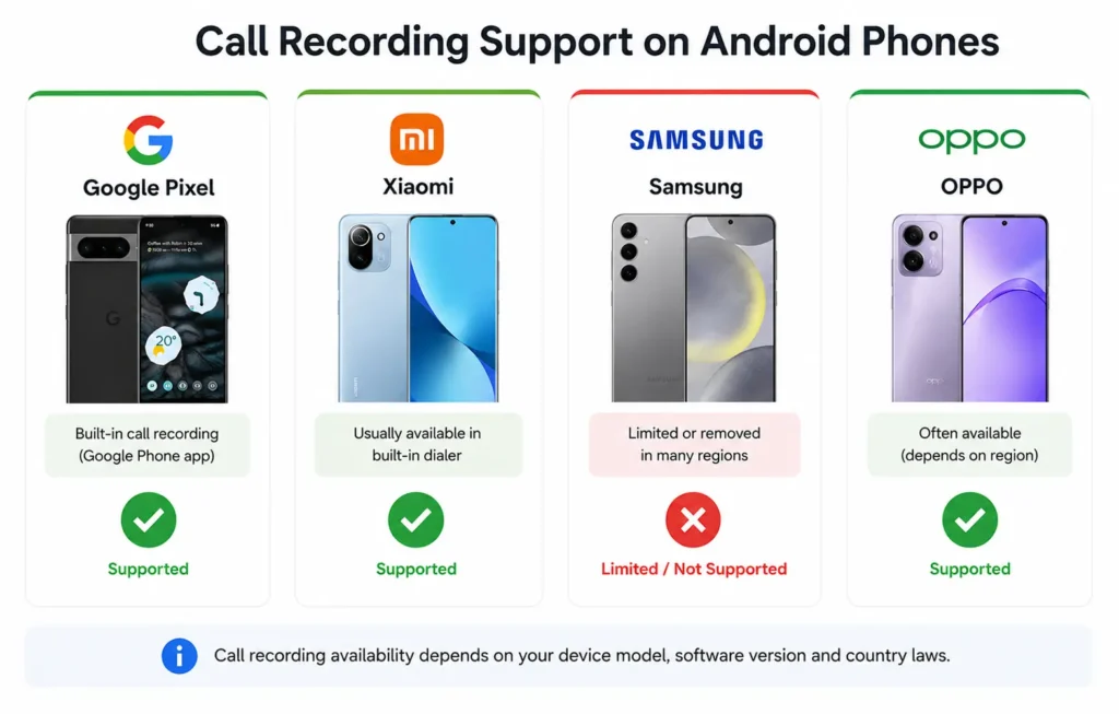 Comparison infographic showing Android phone brands with built-in call recording support, including Google Pixel, Xiaomi, Samsung, and OPPO with supported and limited availability indicators.