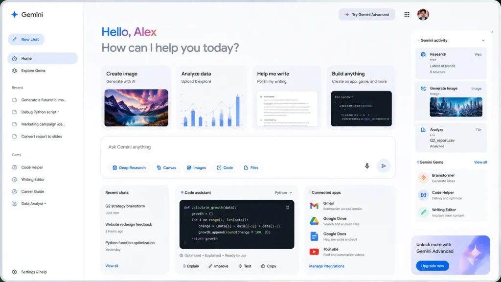 Gemini AI dashboard interface showing multimodal AI tools, coding assistant widgets, productivity workflows, search integration, and conversational AI features