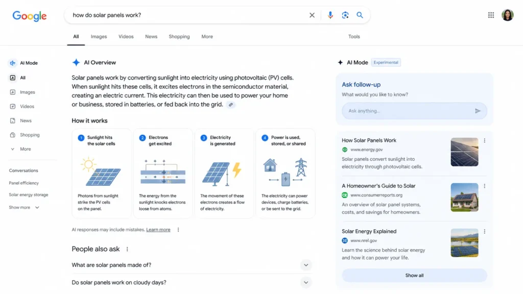 Google AI search interface showing Gemini-powered AI Overview results, conversational search summaries, follow-up prompts, and synthesized web answers