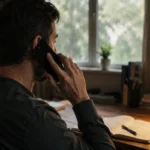 Person recording a phone call on Android smartphone at home office desk