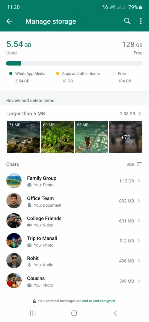 WhatsApp manage storage settings