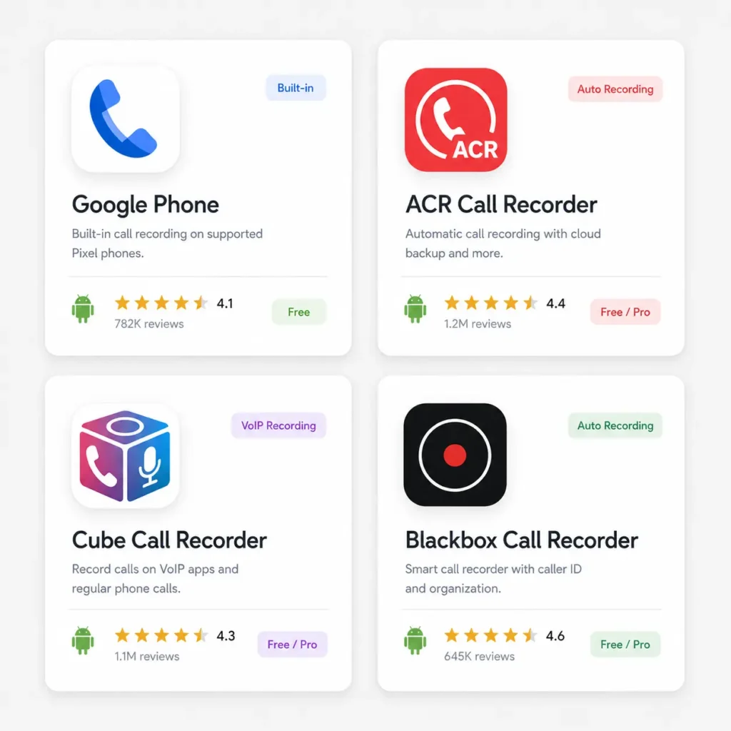 Editorial-style Android app comparison graphic showing Google Phone, ACR Call Recorder, Cube Call Recorder, and Blackbox Call Recorder with ratings, feature labels, and free or pro availability.