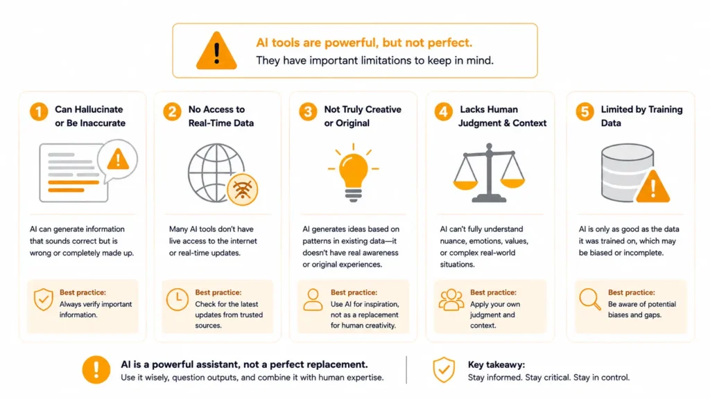 Infographic showing five AI tool limitations including hallucination no real-time data not truly creative lacks human judgment and limited training data with best practices for each