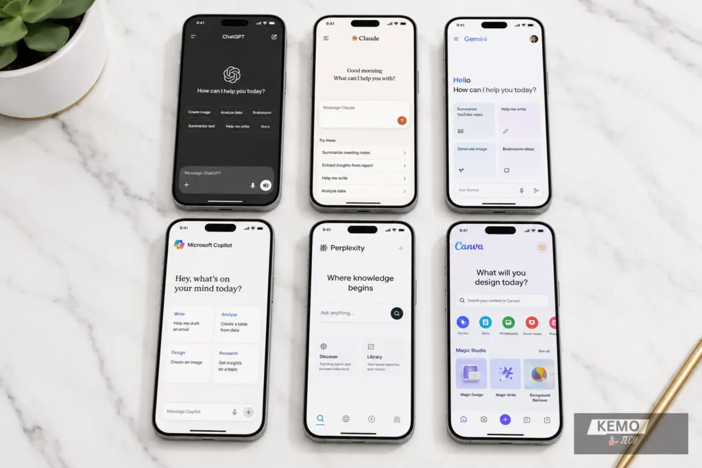 Six smartphones in a flat lay on white marble showing official AI tool interfaces including ChatGPT Claude Gemini Microsoft Copilot Perplexity and Canva