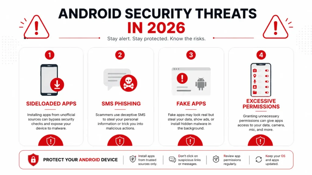 Infographic showing four Android security threats in 2026 including sideloaded apps SMS phishing fake apps and excessive permissions with protection tips