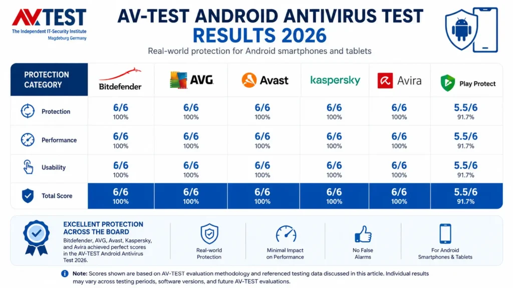 AV-TEST Android antivirus test results 2026 showing Bitdefender AVG Avast Kaspersky and Avira scoring 6 out of 6 and Google Play Protect scoring 5.5 out of 6 for protection performance and usability