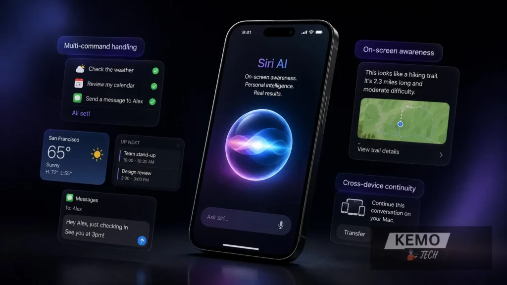 Siri AI interface on iPhone showing multi-command handling on-screen awareness and cross-device continuity features announced at WWDC 2026