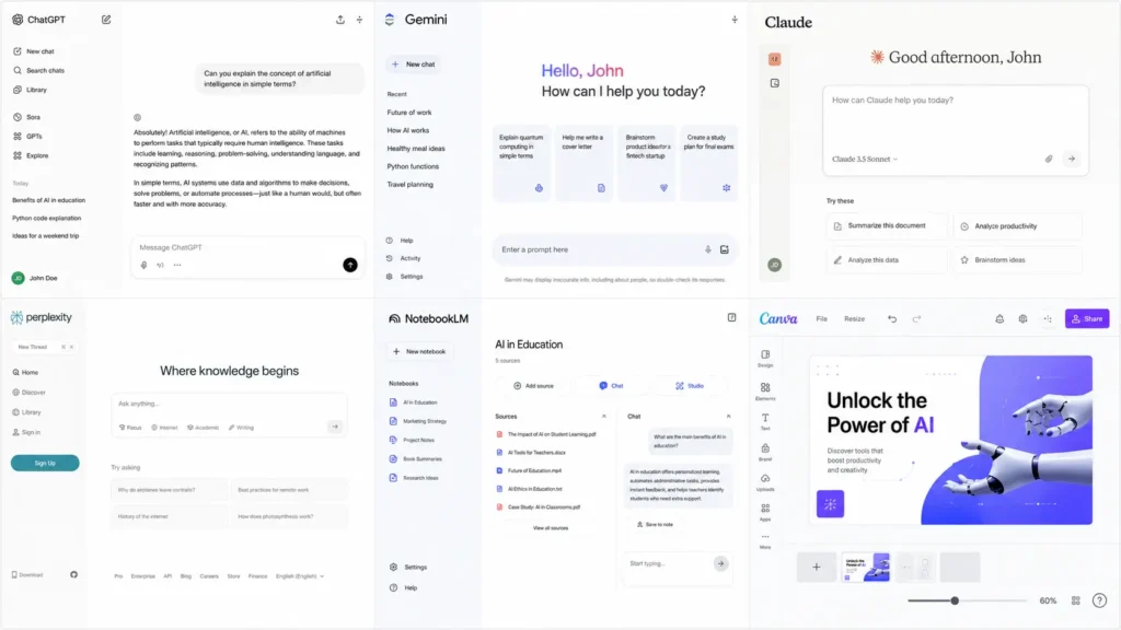 Collage of six AI tool interfaces showing ChatGPT Gemini Claude Perplexity NotebookLM and Canva demonstrating what AI tools can do in 2026