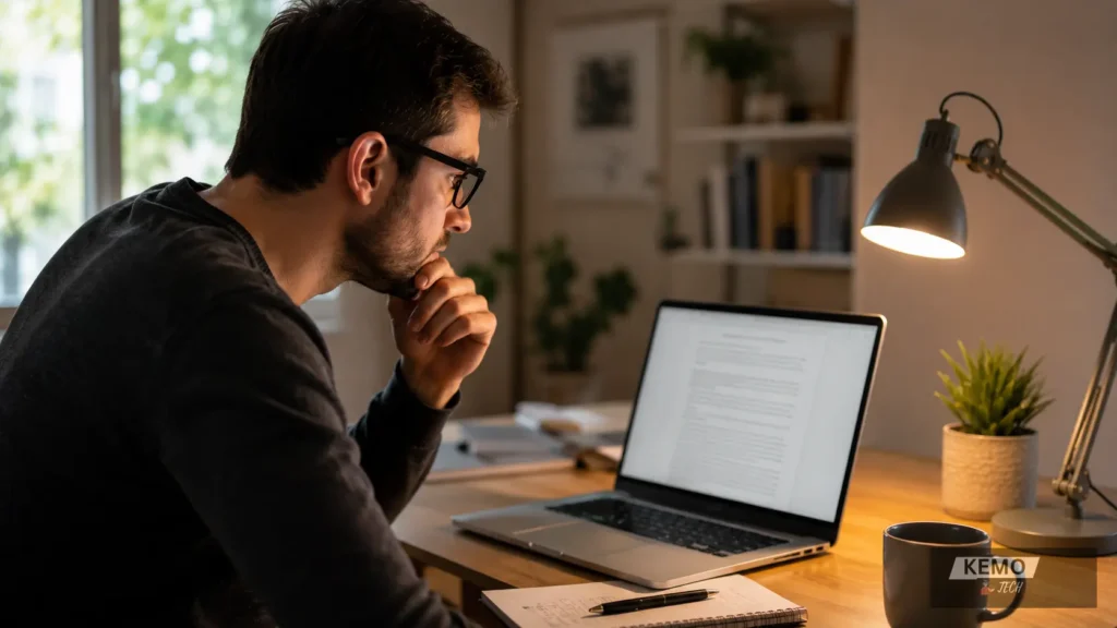 Professional person carefully reading AI tool terms and conditions on a laptop screen at a warm home office desk with a desk lamp and coffee cup