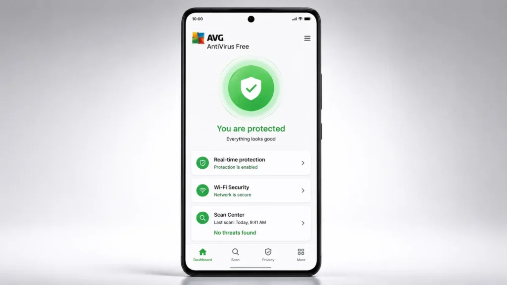 AVG AntiVirus Free app on Android showing You are protected status with real-time protection enabled WiFi security network secure and no threats found