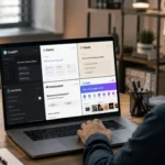 Person using multiple AI tools including ChatGPT, Gemini, Claude, Perplexity, NotebookLM and Canva on a laptop at a desk