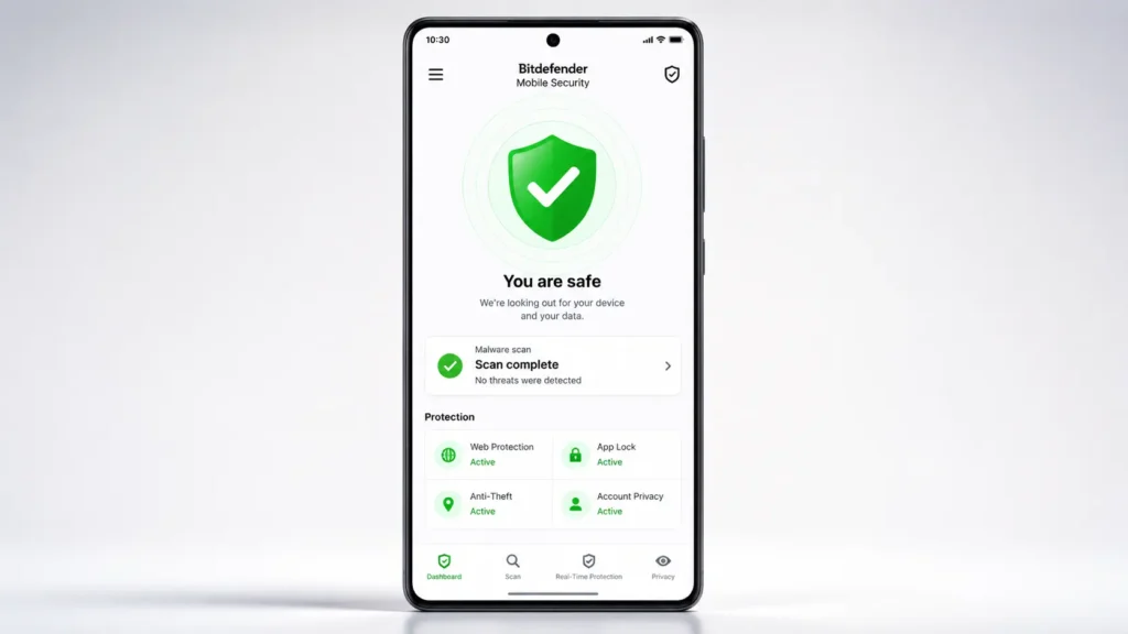 Bitdefender Mobile Security app on Android showing You are safe status with malware scan complete web protection anti-theft and app lock all active