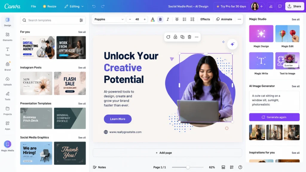 Canva design interface showing AI features including Magic Studio, Magic Write and AI Image Generator with social media templates