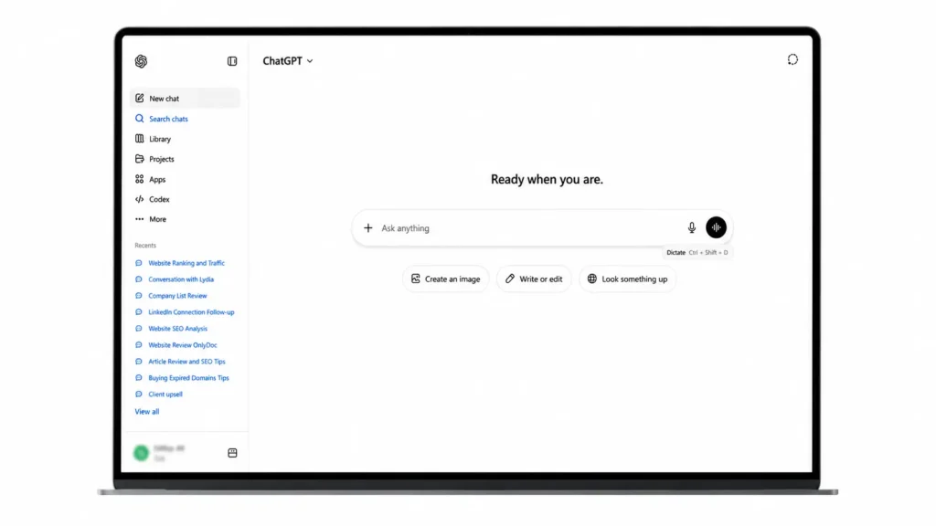 ChatGPT interface displayed on a laptop in light mode showing the Ask Anything prompt bar with Create an image, Write or edit and Look something up options