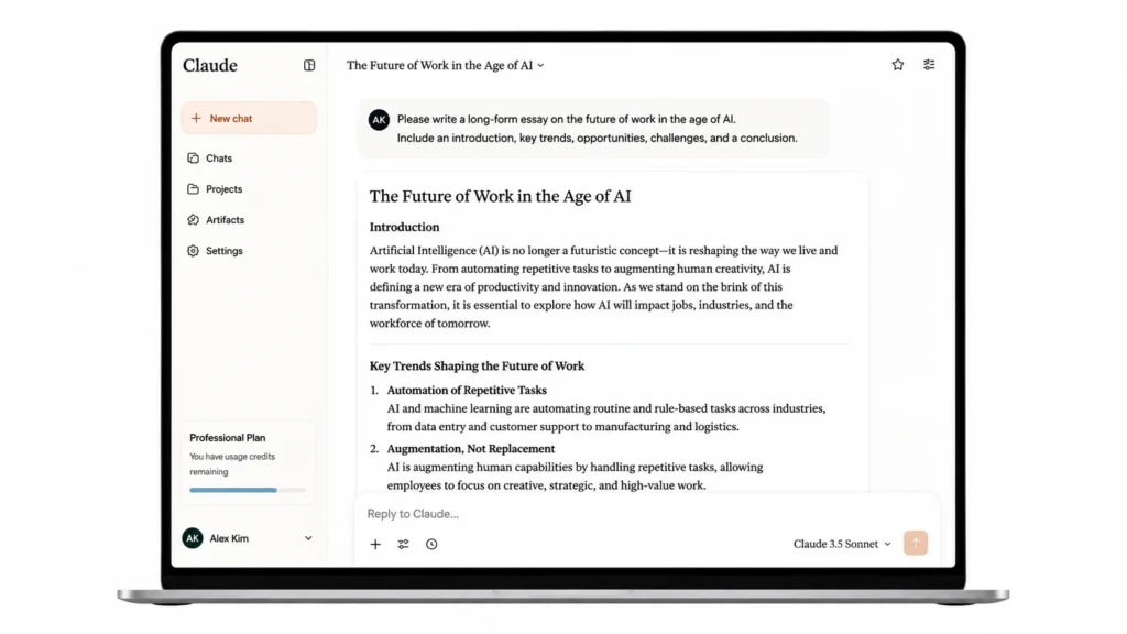 Claude AI assistant by Anthropic displaying a long-form structured essay response on a laptop showing writing and reasoning capabilities