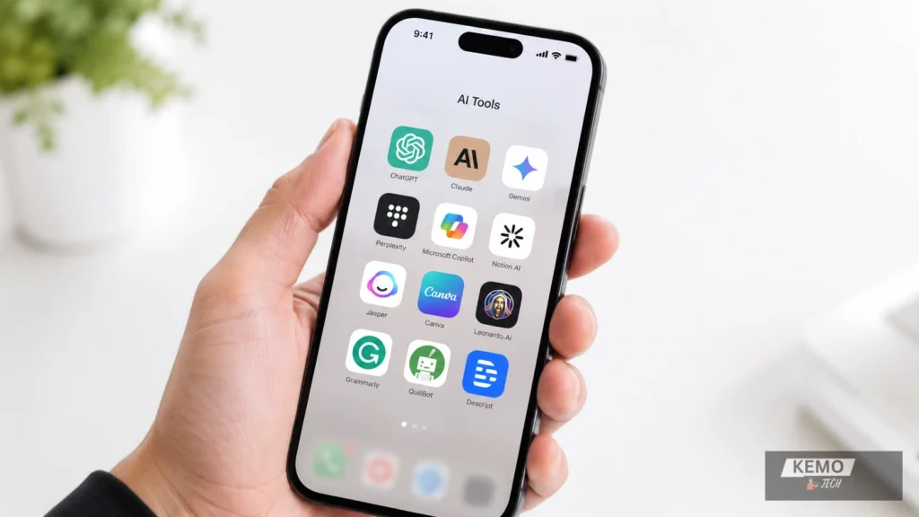 Smartphone displaying a folder of free AI tool apps including ChatGPT Claude Gemini Perplexity Canva Grammarly and Notion AI in 2026