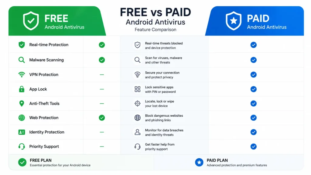 Comparison infographic showing free versus paid Android antivirus features with free offering real-time protection malware scanning and web protection while paid adds VPN app lock anti-theft identity protection and priority support
