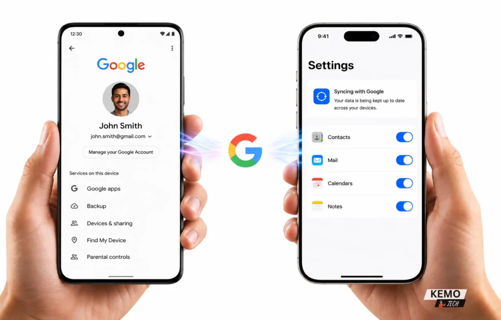 Two hands holding Android and iPhone — Google account syncing contacts, mail, calendars and notes to iPhone Settings automatically without resetting