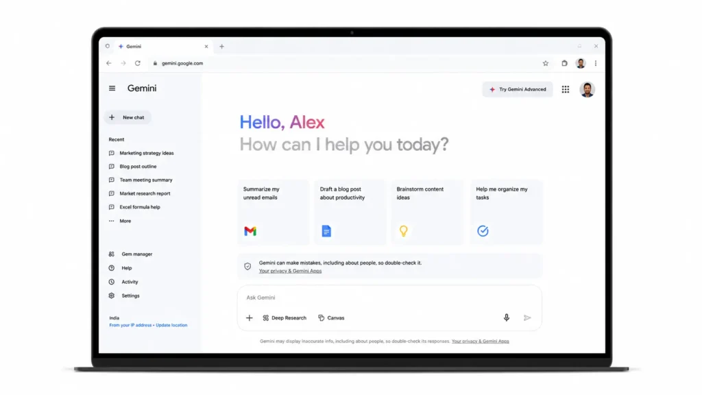 Google Gemini AI assistant interface showing Google Workspace integration with Gmail and Google Docs