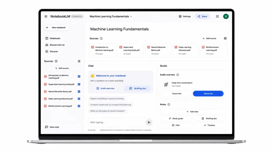 Google NotebookLM interface displaying uploaded PDF documents, AI-generated study notes, summaries, and research tools in a clean workspace environment