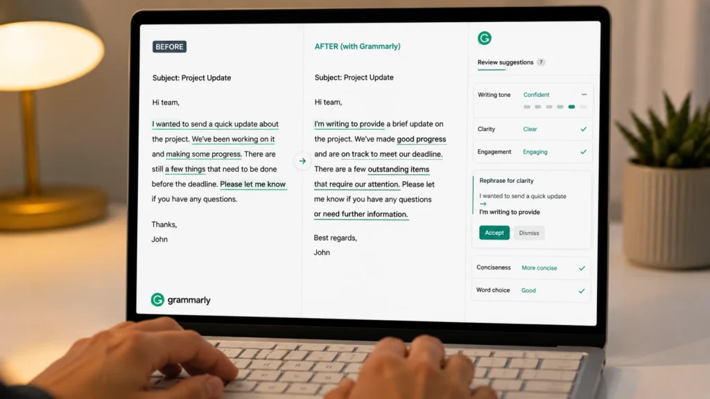 Grammarly AI writing assistant showing before and after email improvements with tone clarity and engagement suggestions highlighted in green
