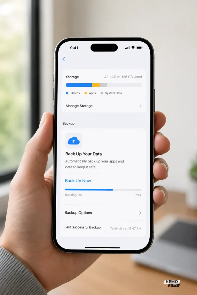 Hand holding iPhone showing iCloud Backup screen with Back Up Now button and 70% progress bar — backing up iPhone after switching from Android