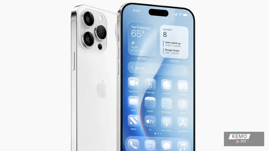 iPhone displaying iOS 27 home screen with Liquid Glass widgets showing weather calendar and Spotlight Search with triple camera system on reverse