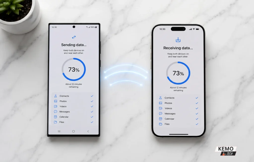 Android phone showing Sending Data 73% and iPhone showing Receiving Data 73% with contacts, photos, videos, messages and calendar transferring wirelessly via Move to iOS app