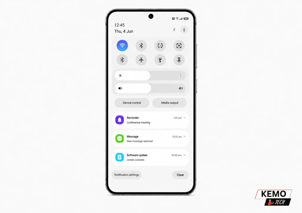 One UI 8.5-inspired quick settings interface displayed on a modern flagship smartphone with frosted-glass design elements and ambient UI styling on a clean off-white background.