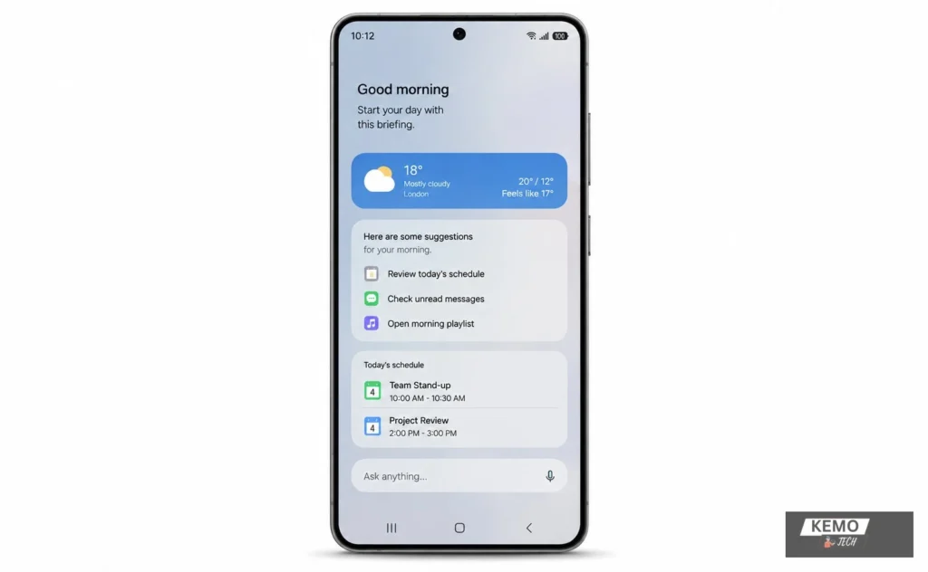 Samsung One UI 8.5 Bixby AI morning briefing showing smart suggestions, today's schedule and Ask anything assistant bar on Galaxy smartphone