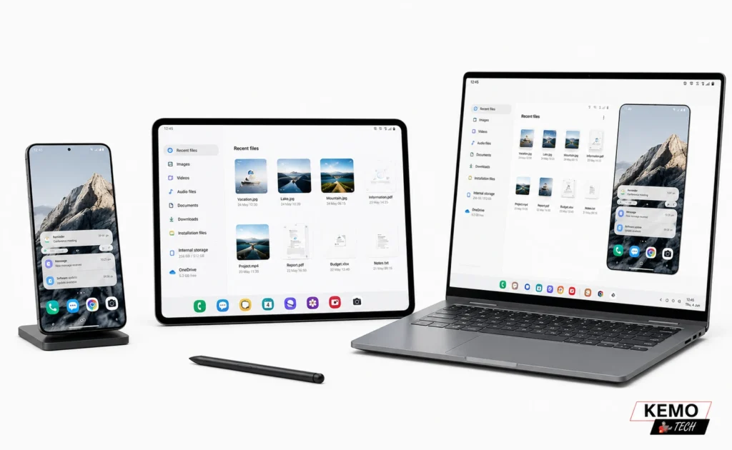 Modern smartphone, tablet, and laptop displaying a synchronized Android-style interface with seamless cross-device connectivity, file sharing, and productivity features on a clean off-white background.