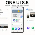 Samsung One UI 8.5 features overview showing AI Assistant, Audio Eraser, Quick Share and Galaxy AI tools on Samsung Galaxy smartphone