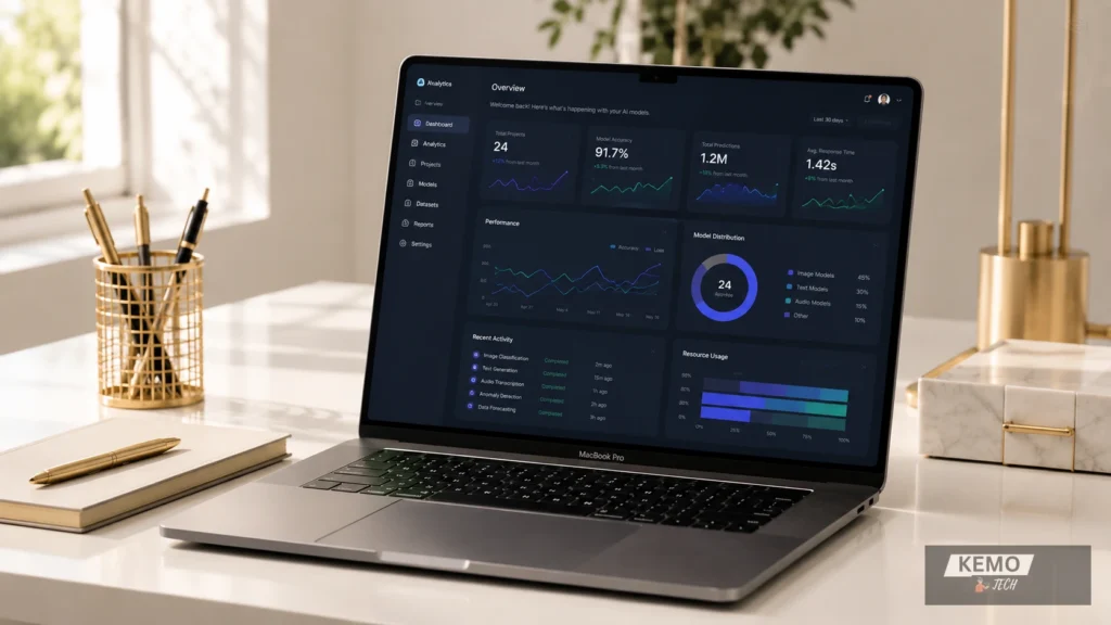 MacBook Pro displaying a professional AI analytics dashboard with model accuracy performance charts and resource usage data on a premium gold and marble desk