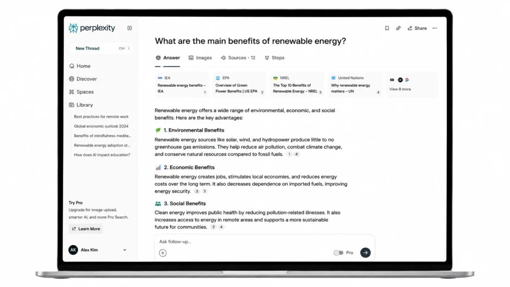Perplexity AI search interface displaying a research query with cited sources, referenced answers, and real-time information results in a clean workspace