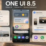 Samsung One UI 8.5 features overview showing Galaxy AI Assistant, Audio Eraser, Quick Share cross-device transfer, Photo Assist, Call Screening and Creative Studio